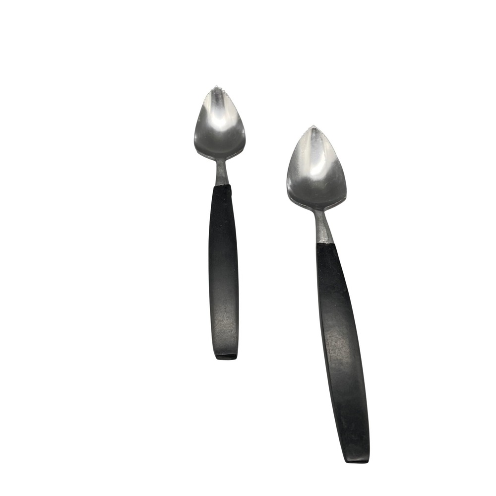 Vintage MCM‎ Grapefruit Spoons Set of 2 Serrated Stainless Japan Black Handle